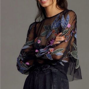 Anthropologie The Layla Long Sleeve Appliqué Mesh Blouse